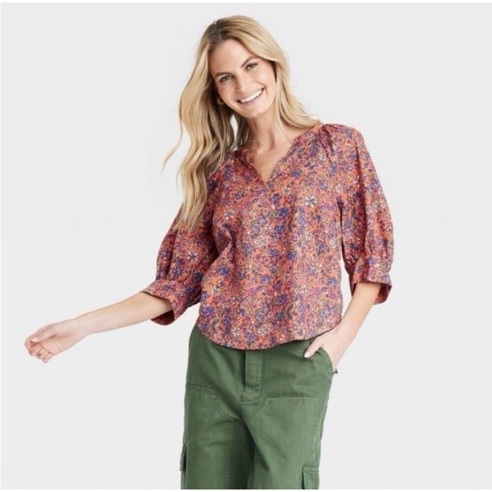 Universal Thread Women’s 3/4 Sleeve Pullover Blouse Red Floral Medium Boho Prair